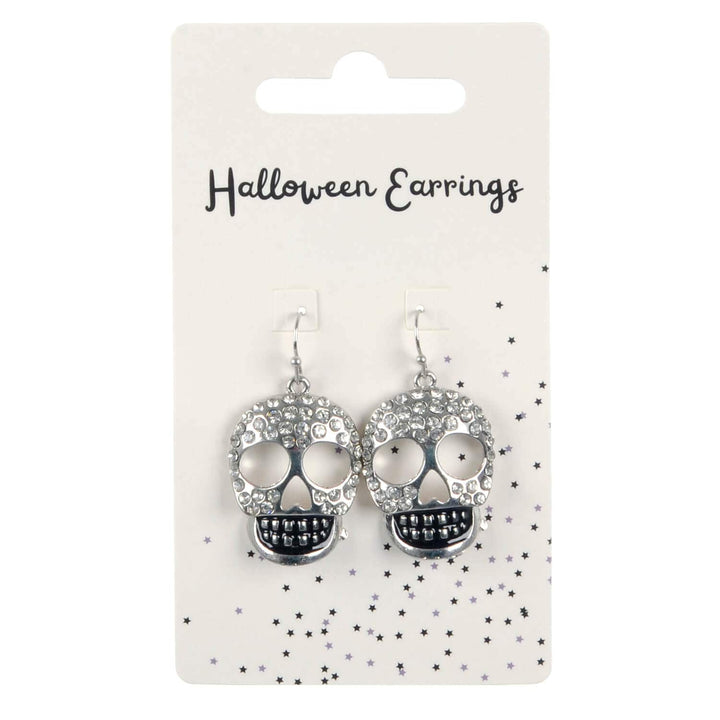 Display card of Halloween earrings with silver skulls and diamante on a white background