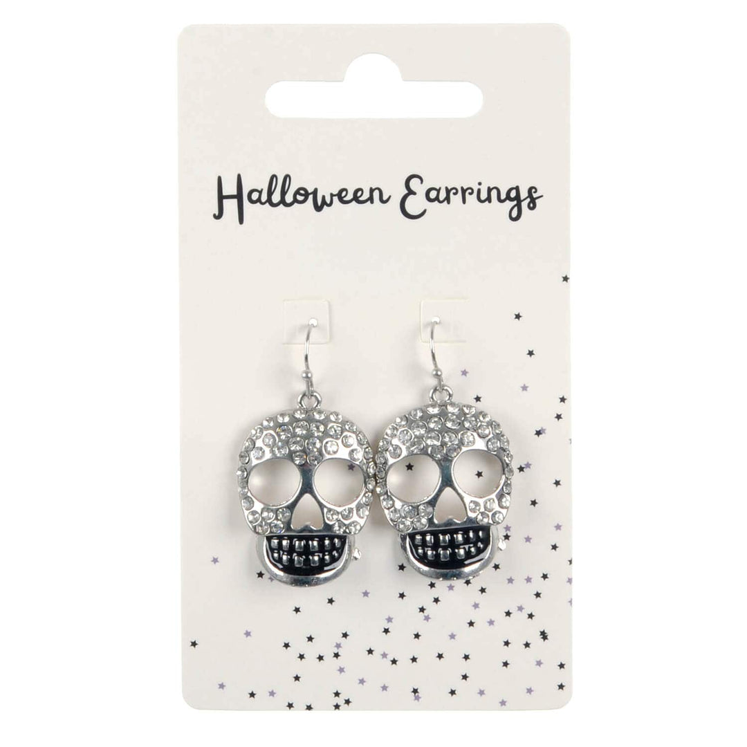 Display card of Halloween earrings with silver skulls and diamante on a white background