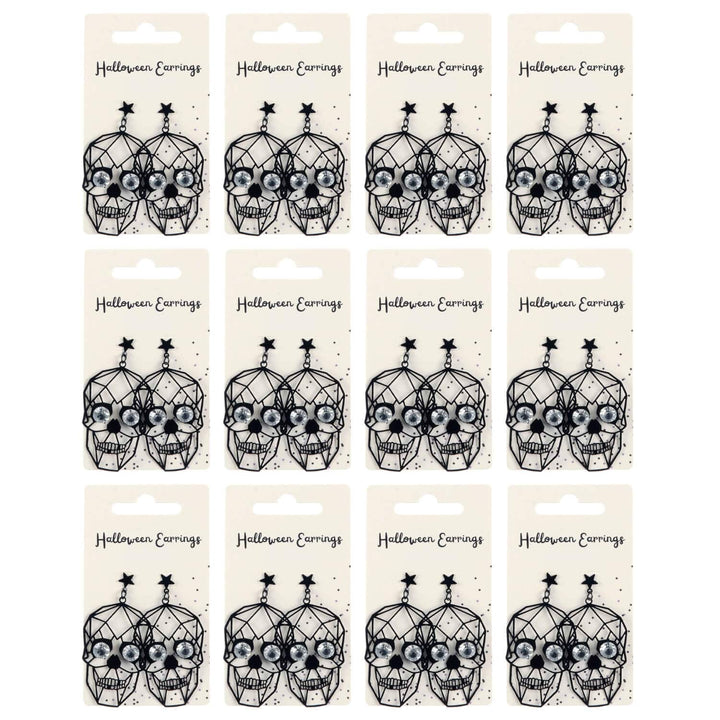 Packaging of Halloween earrings with skull designs on a white background