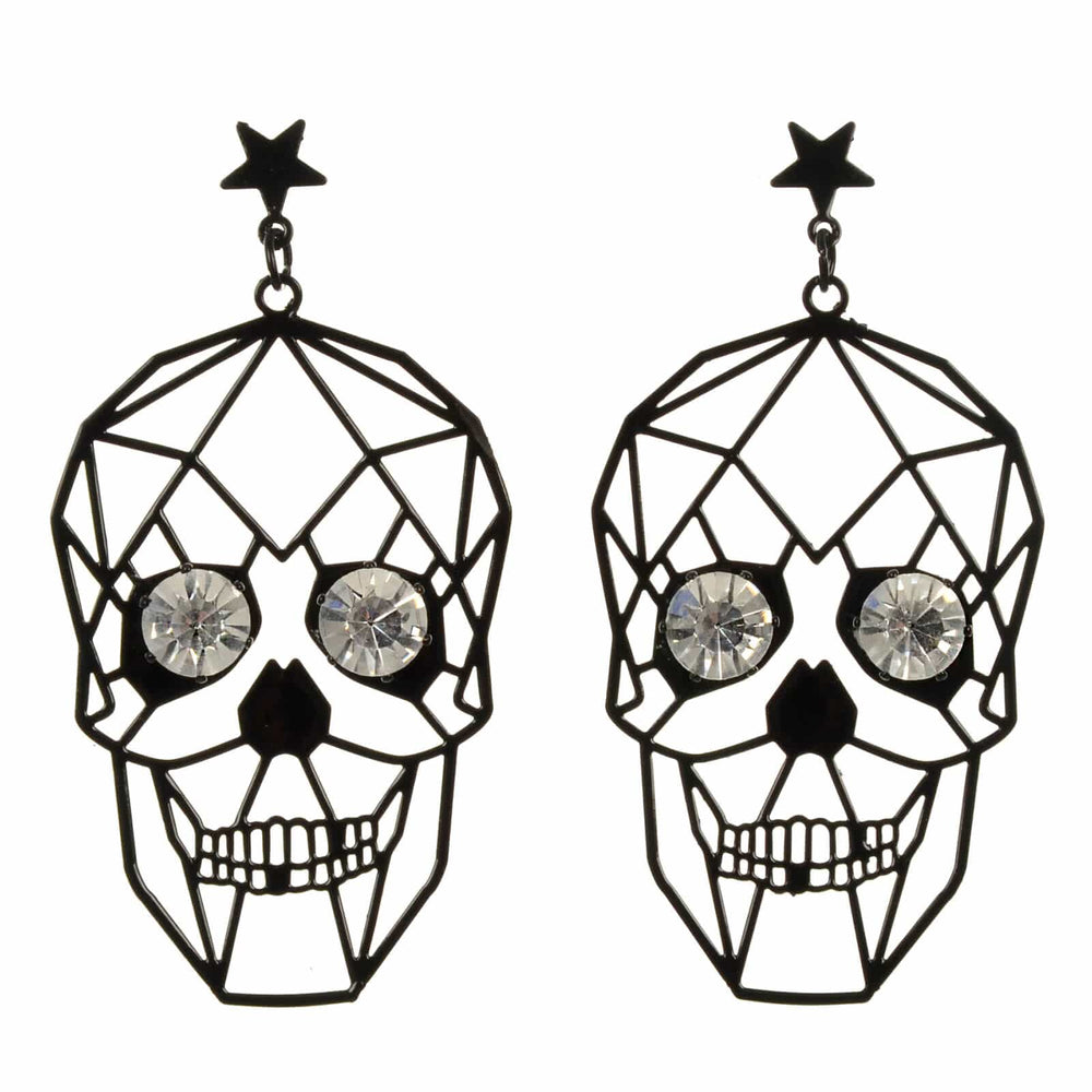 Geometric black skull earrings with rhinestone eyes on a white background