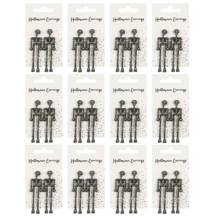 12 display packs of long skeleton earrings on a white background