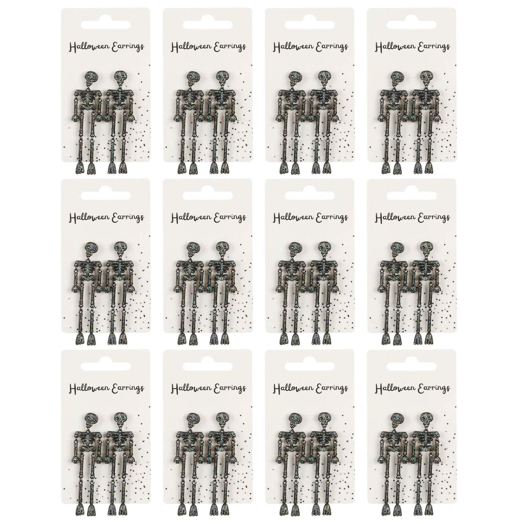 12 display packs of long skeleton earrings on a white background