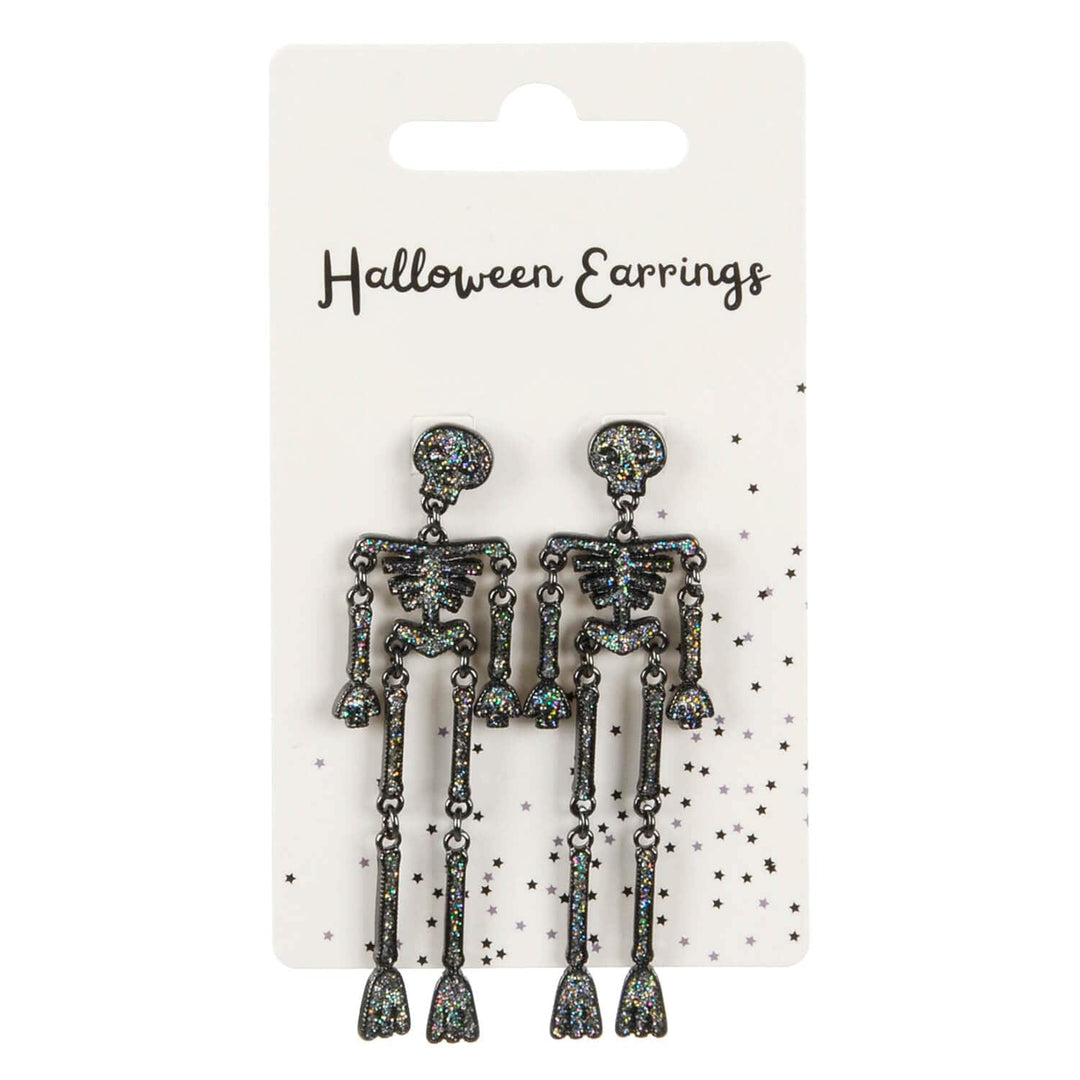 Display pack of long silver skeleton drop earrings on a white background