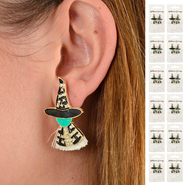 Bulk Pack of 12 Green Witch Stud Earrings Sparkling Diamante Halloween