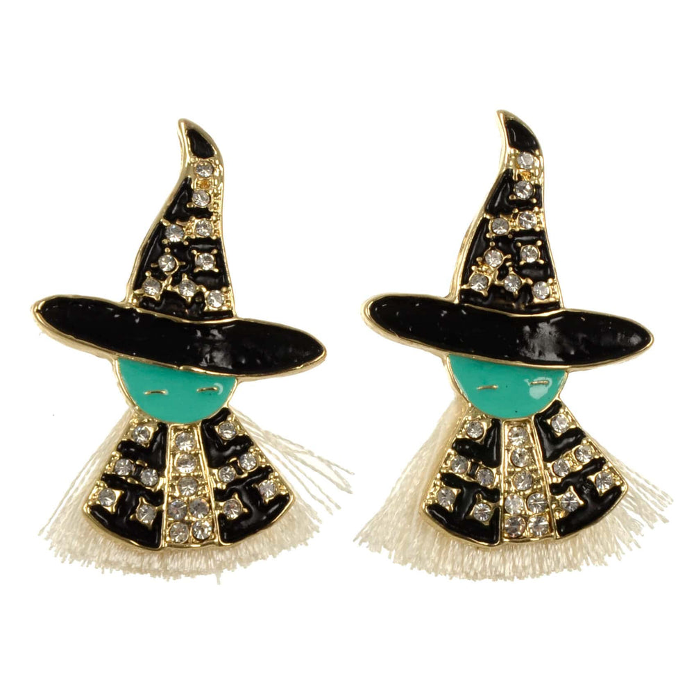 Witch-themed earrings with black hats, turquoise faces, and gold accents on a white background.