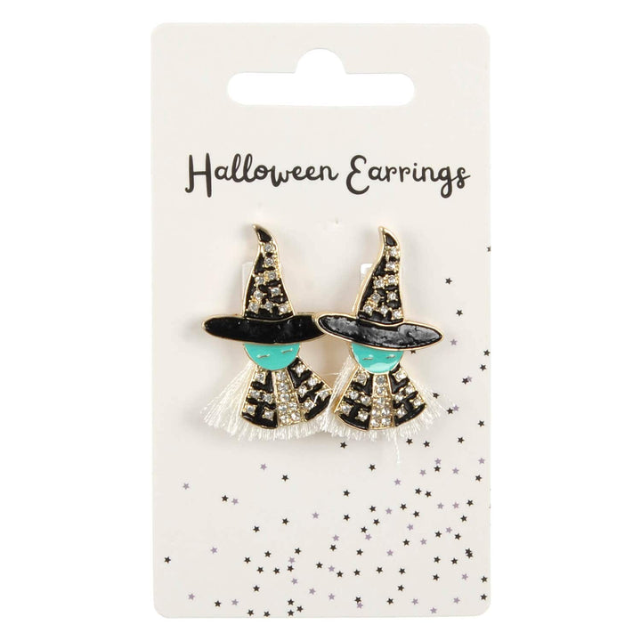 Display card of Halloween witch earrings on a white background