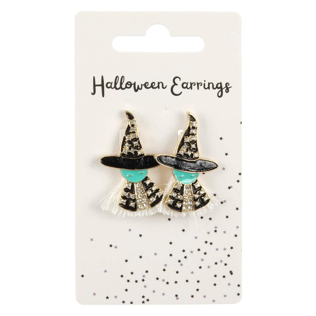 Display card of Halloween witch earrings on a white background