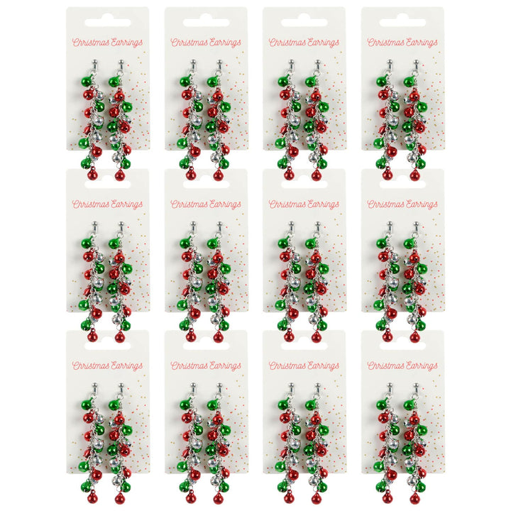 12 display cards of Christmas bauble earrings on a white background