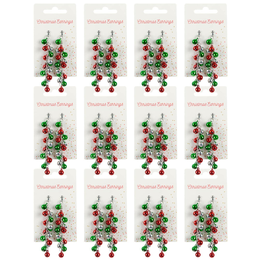 12 display cards of Christmas bauble earrings on a white background