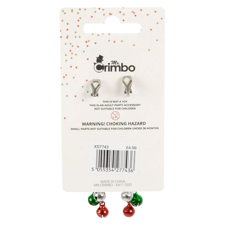 Back of a display card of Christmas bauble earrings and Mr Crimbo branding on a white background