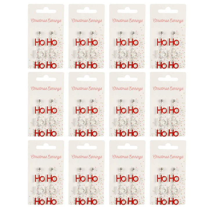 12 display cards of Christmas earrings with Ho Ho Ho letters in red and white on a white background