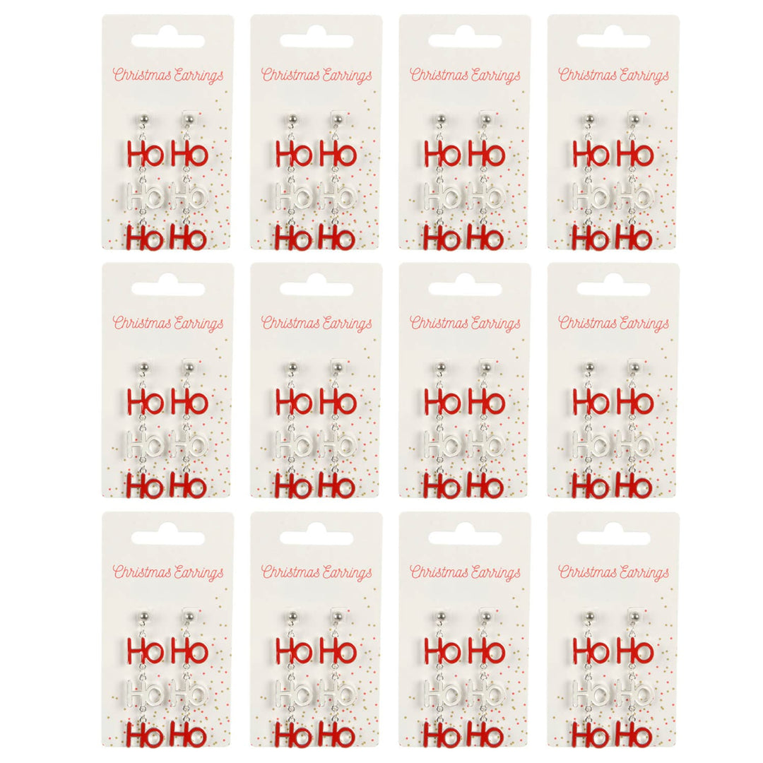 12 display cards of Christmas earrings with Ho Ho Ho letters in red and white on a white background