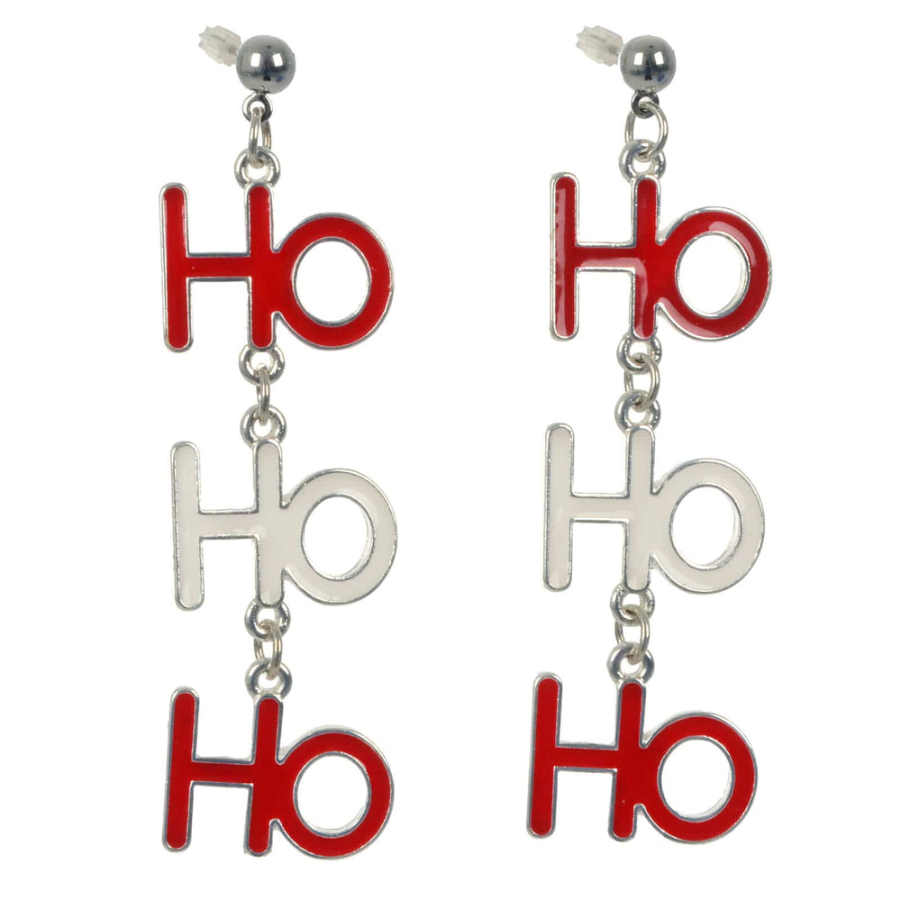 Pair of Ho Ho Ho Christmas earrings in red and white on a white background