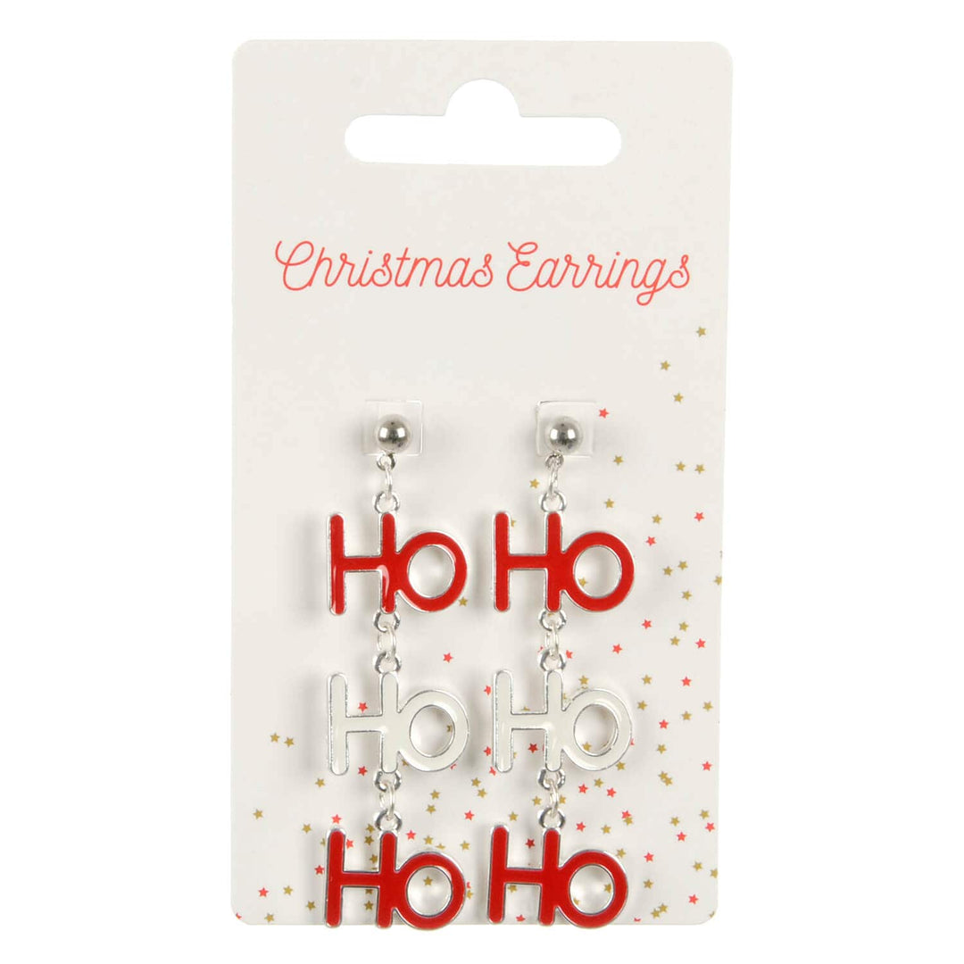 Display card with Christmas earrings with Ho Ho Ho letters in red and white on a white background