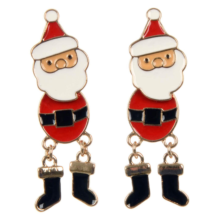 Pair of Santa earrings with linked black boots that move on a white background