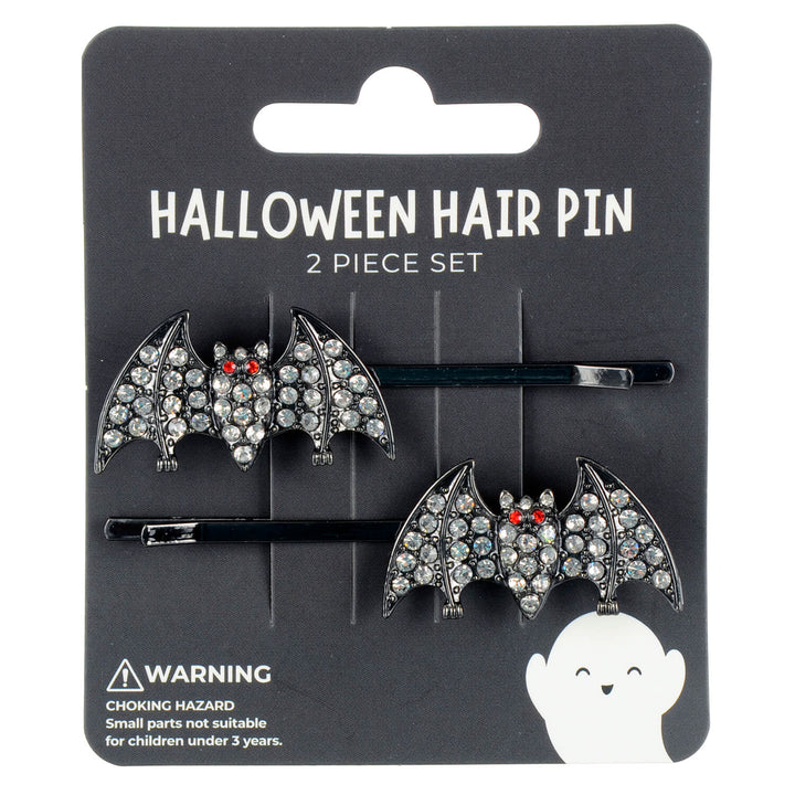 Halloween hair pin set with bat designs on a black card packaging.