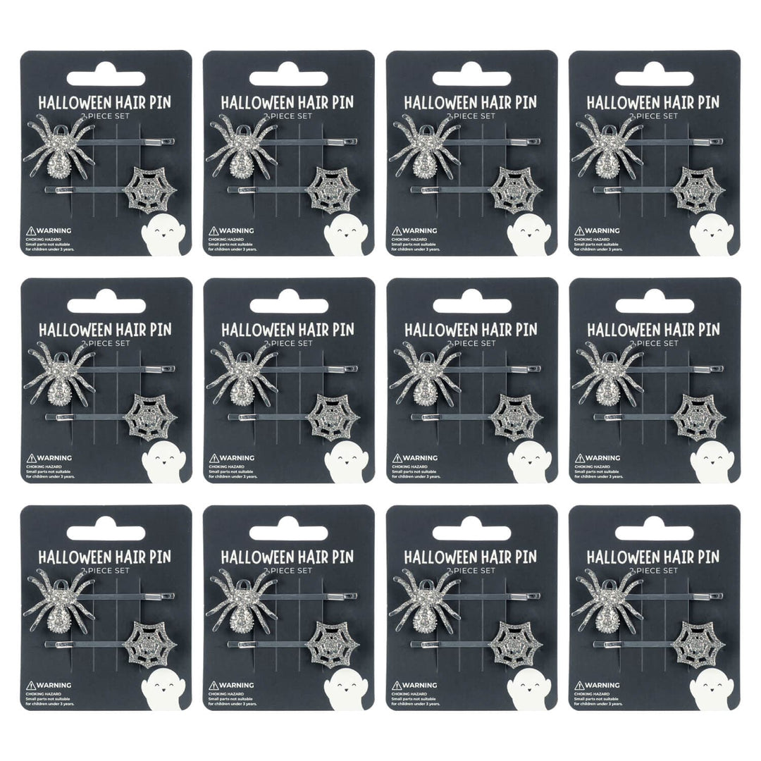 12 display cards of Halloween hair pins with silver diamante spider and web design on a white background