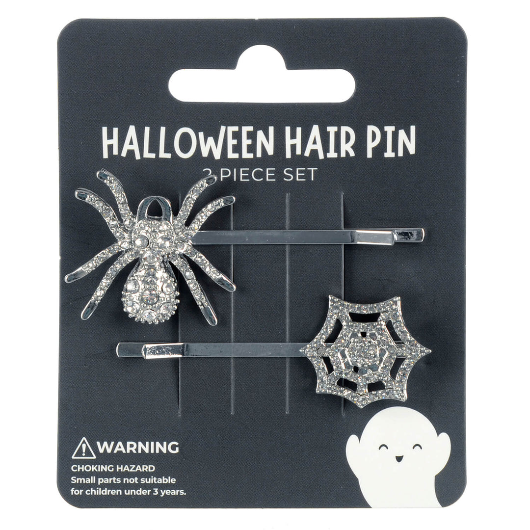 Display card of Halloween Hair Pin 2 piece set with silver spider and web diamante slides on a white background