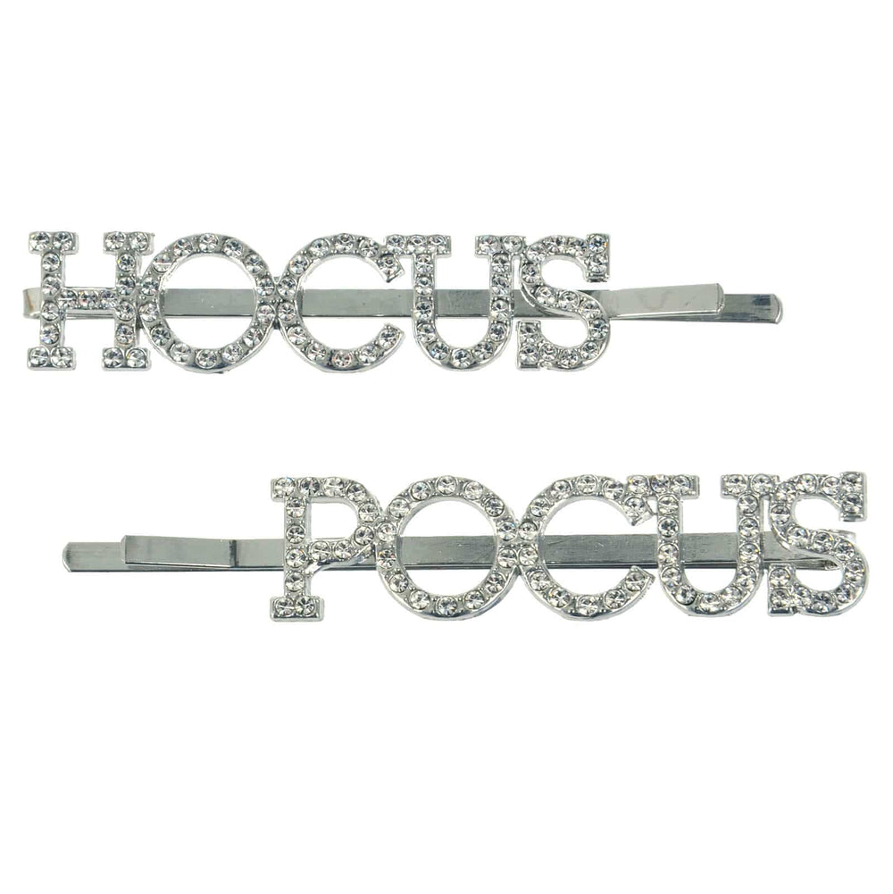 Two silver hair pins with 'HOCUS' and 'POCUS' text on a white background