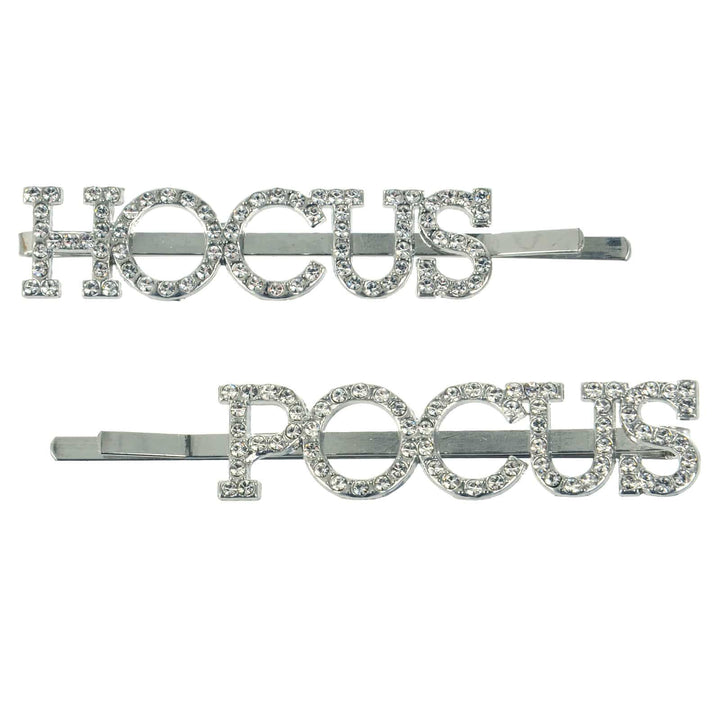Two silver hair pins with 'HOCUS' and 'POCUS' text on a white background