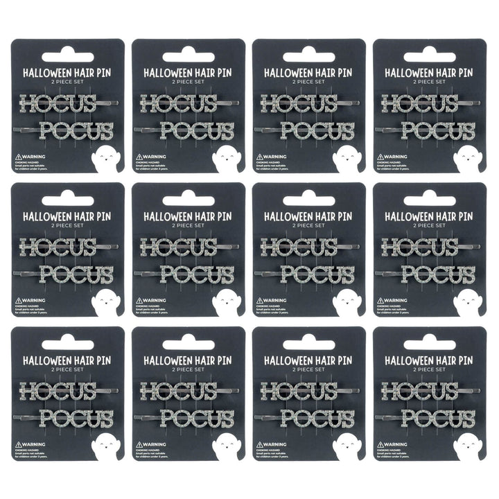 Packaging of 'Hocus Pocus' Halloween hair pins with black background and white text.