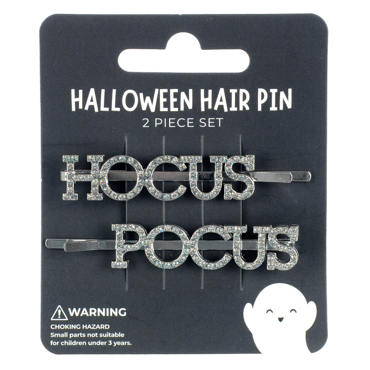 Hocus Pocus Halloween hair pin set on a black packaging with ghost illustration