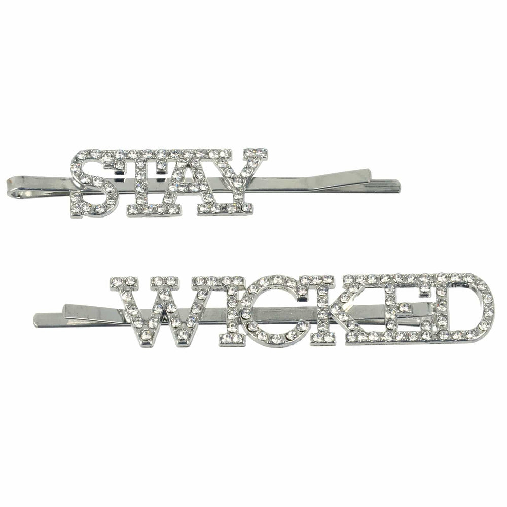 Silver hair clips with 'STAY WICKED' text and diamante jewels on a white background