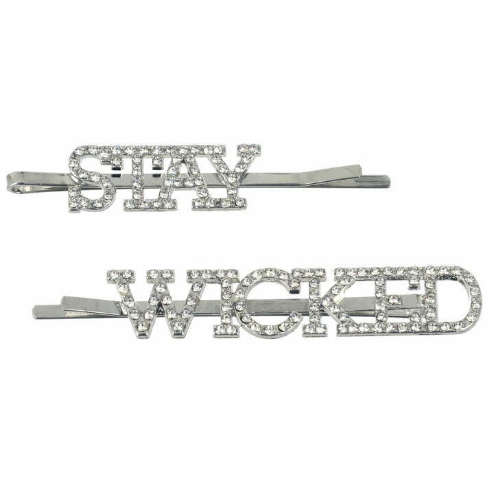 Silver hair clips with 'STAY WICKED' text and diamante jewels on a white background