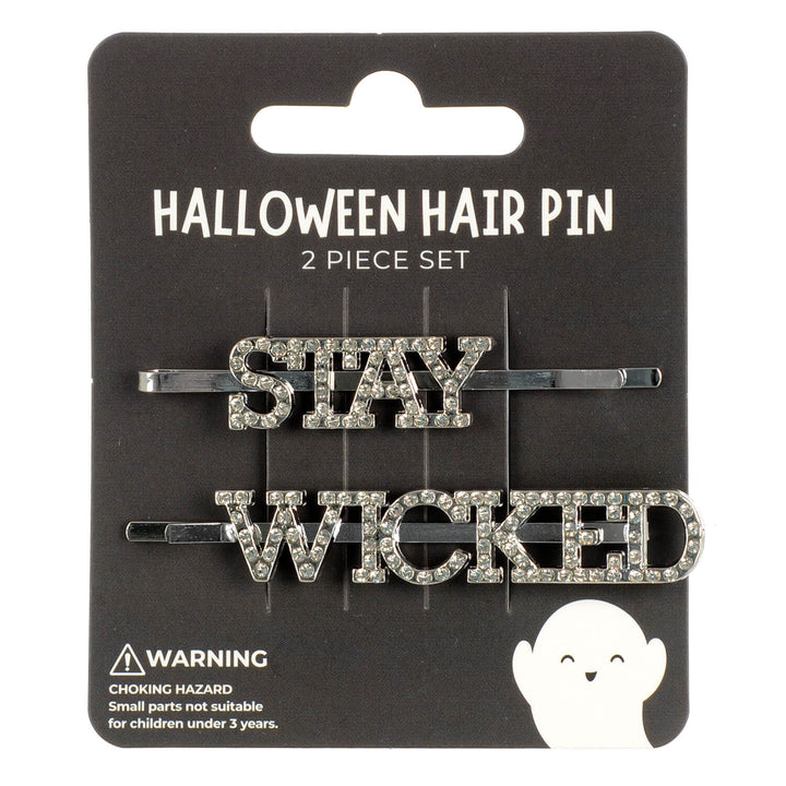 Halloween-themed hair pin set with 'Stay Wicked' text on a black display card.