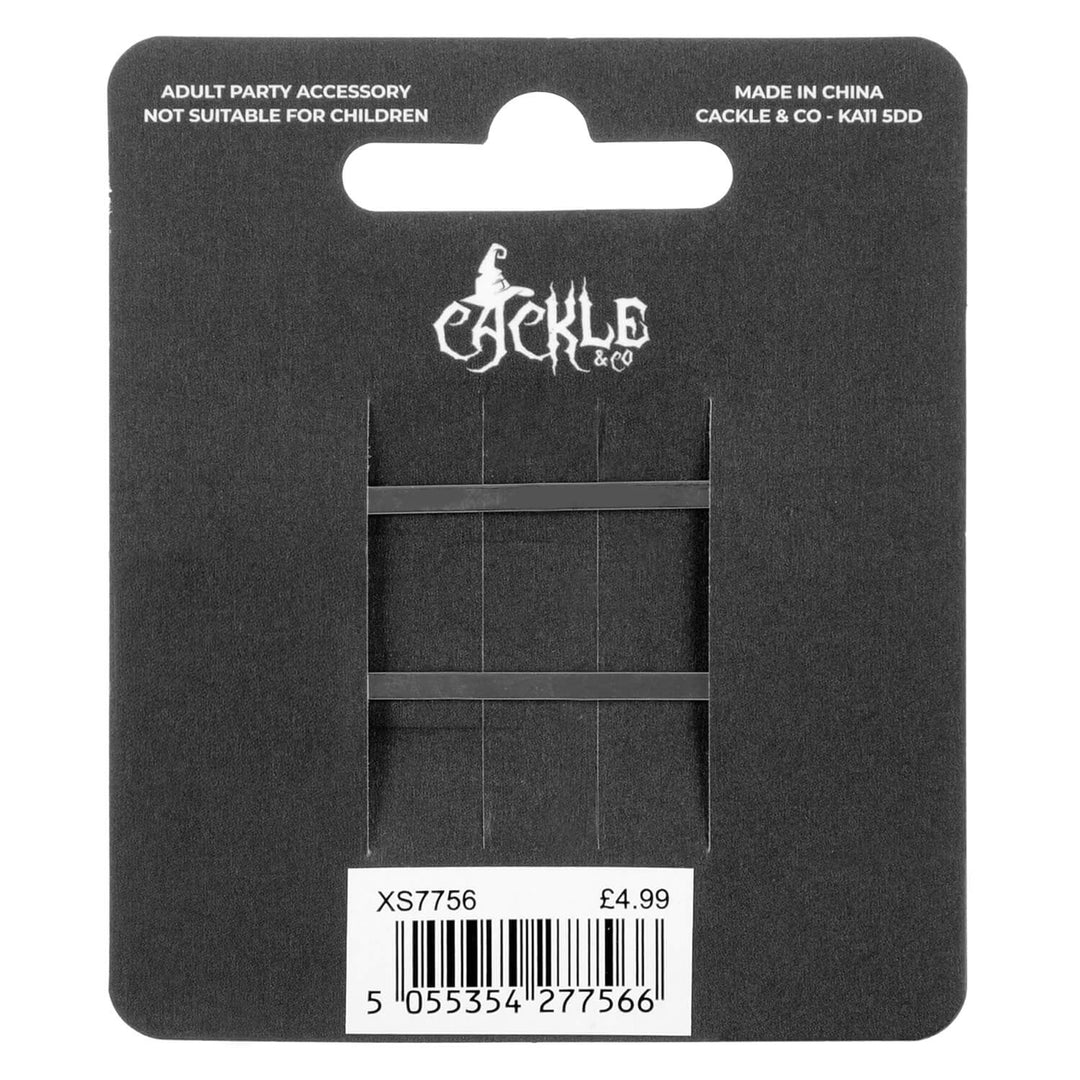 Back of a black display card fr Cackle & Co branded party accessory