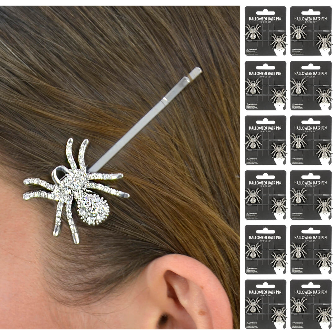 Spider-shaped hair pin worn in hair with packaging of spider hair pins on the side.