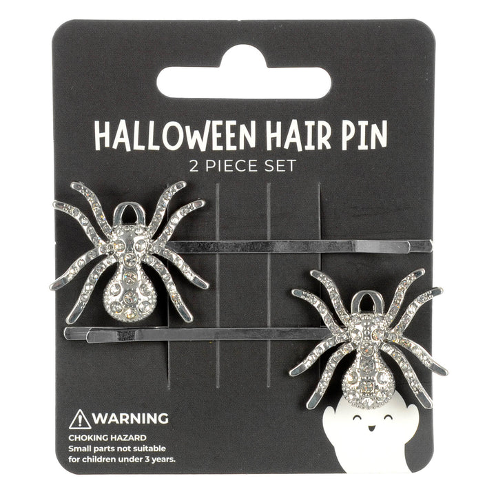 Display Card with 2 silver spider diamante Halloween hair slides