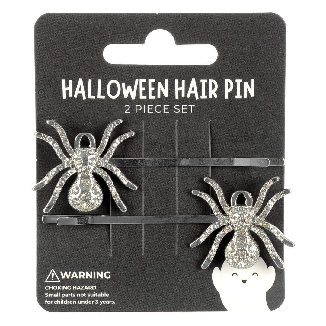 Display Card with 2 silver spider diamante Halloween hair slides