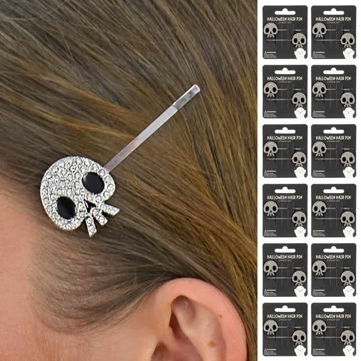 Person wearing a skull diamante hair slide with 12 display packs down the side