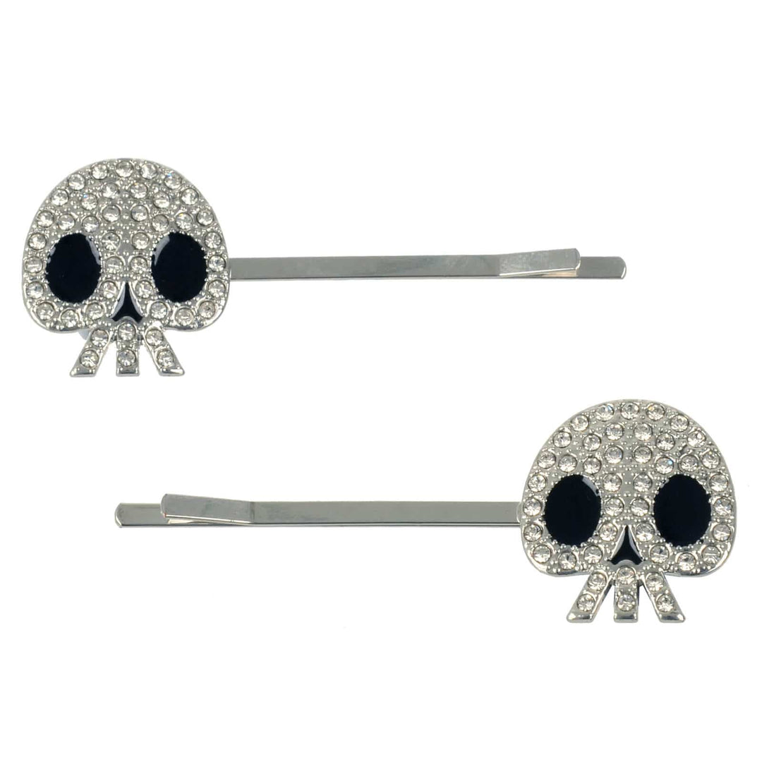 Set of 2 silver hair pins with skulls decorated with rhinestones on a white background