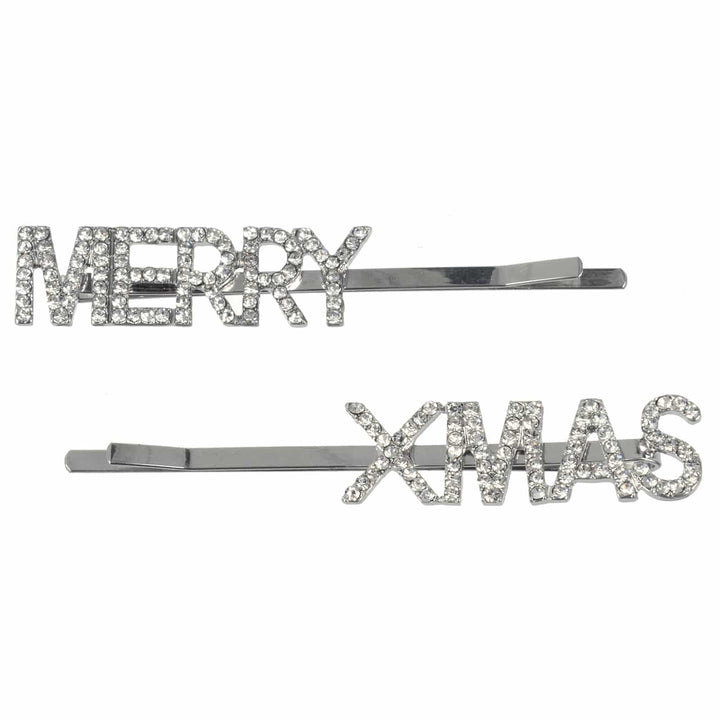 Merry Xmas diamante hair slides in silver on a white background