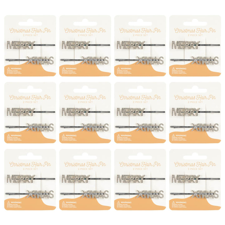 12 display cards of Christmas hair pins with Merry Xmas slogan