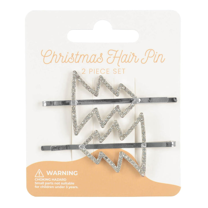 Set of 2 Christmas tree hair pins on a display card on white background