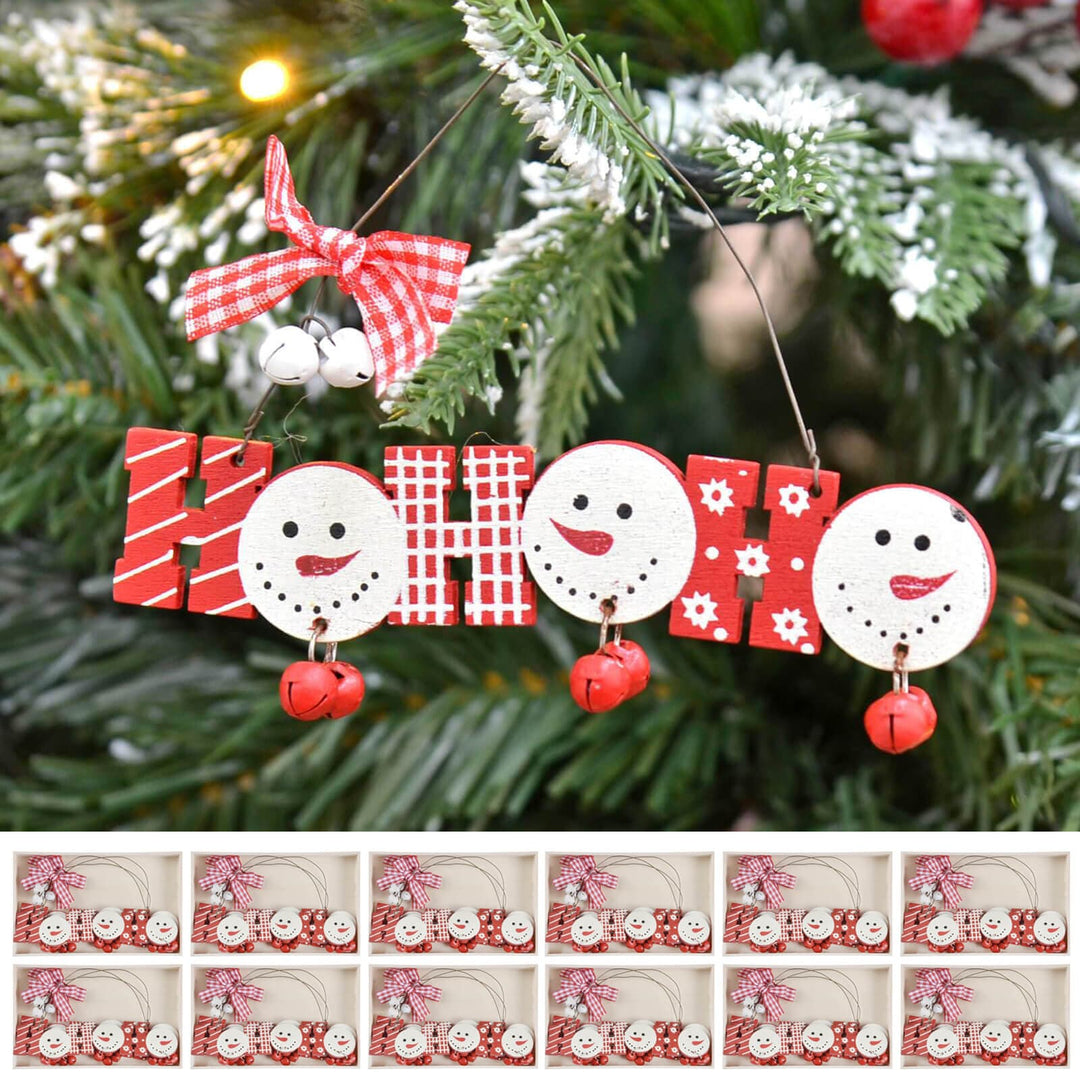 Red and white Ho Ho Ho Christmas tree decoration with bells and a bow