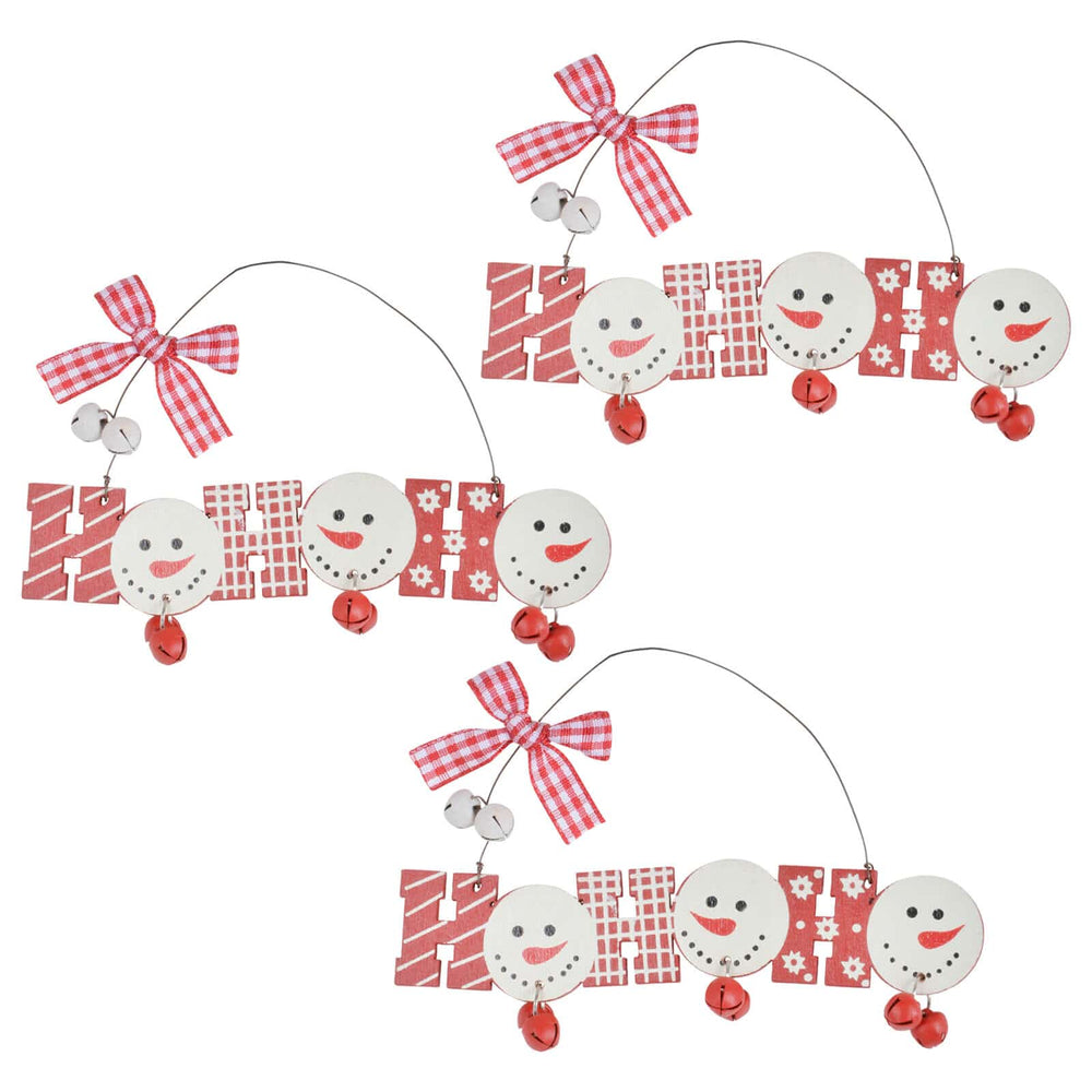 Set of 3 wooden Christmas tree decorations with Ho Ho Ho letters and snowmen on white background