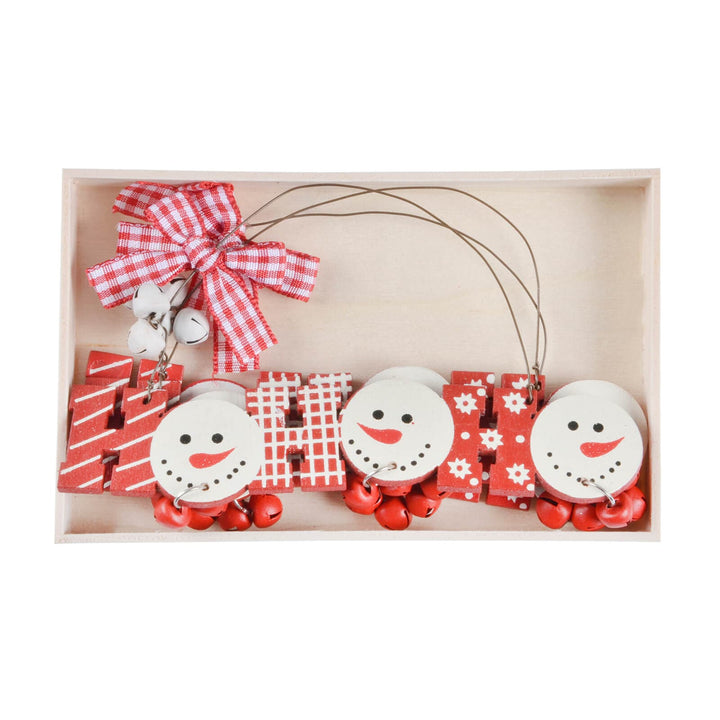 Box of 3 wooden Christmas tree decorations in red and white with snowmen