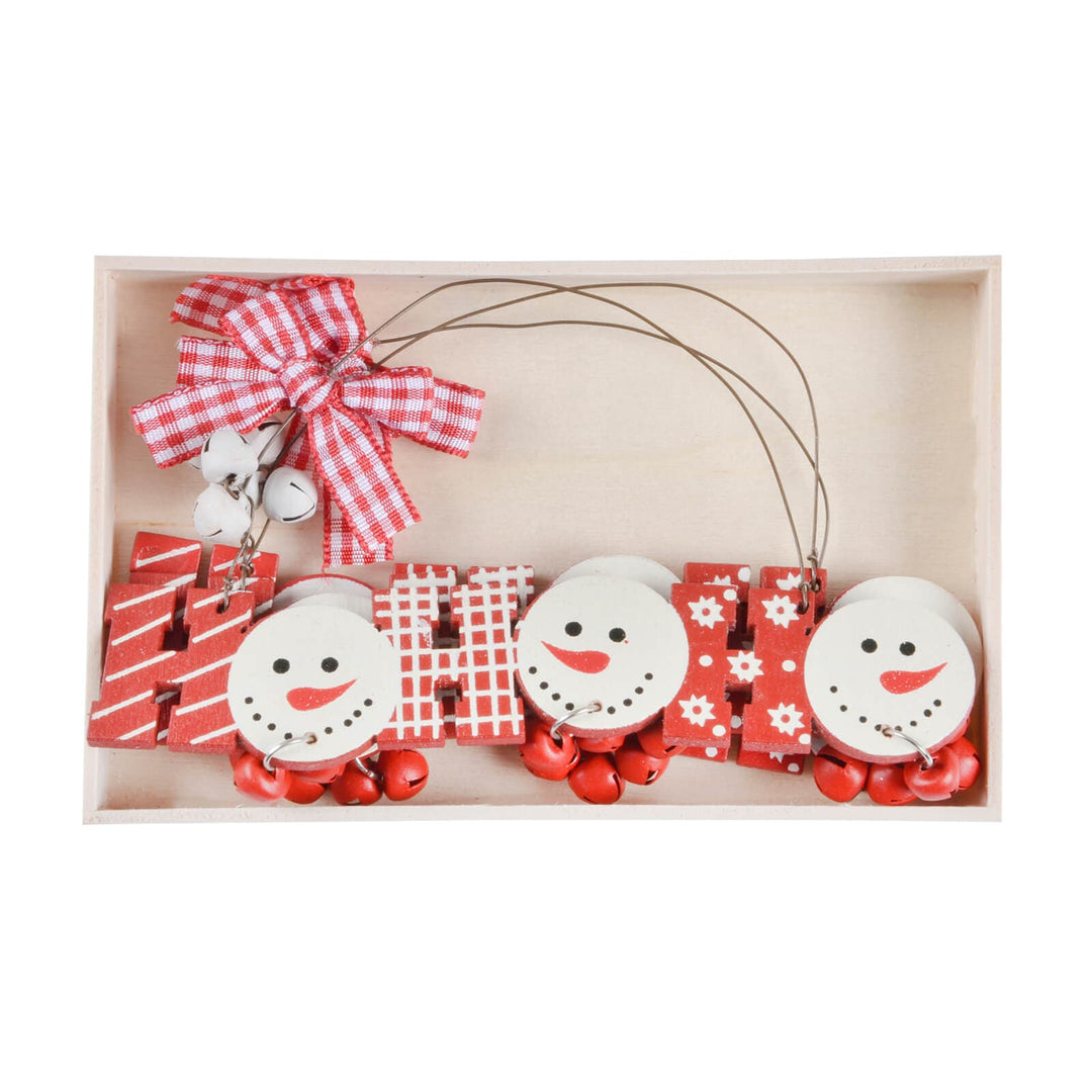 Box of 3 wooden Christmas tree decorations in red and white with snowmen