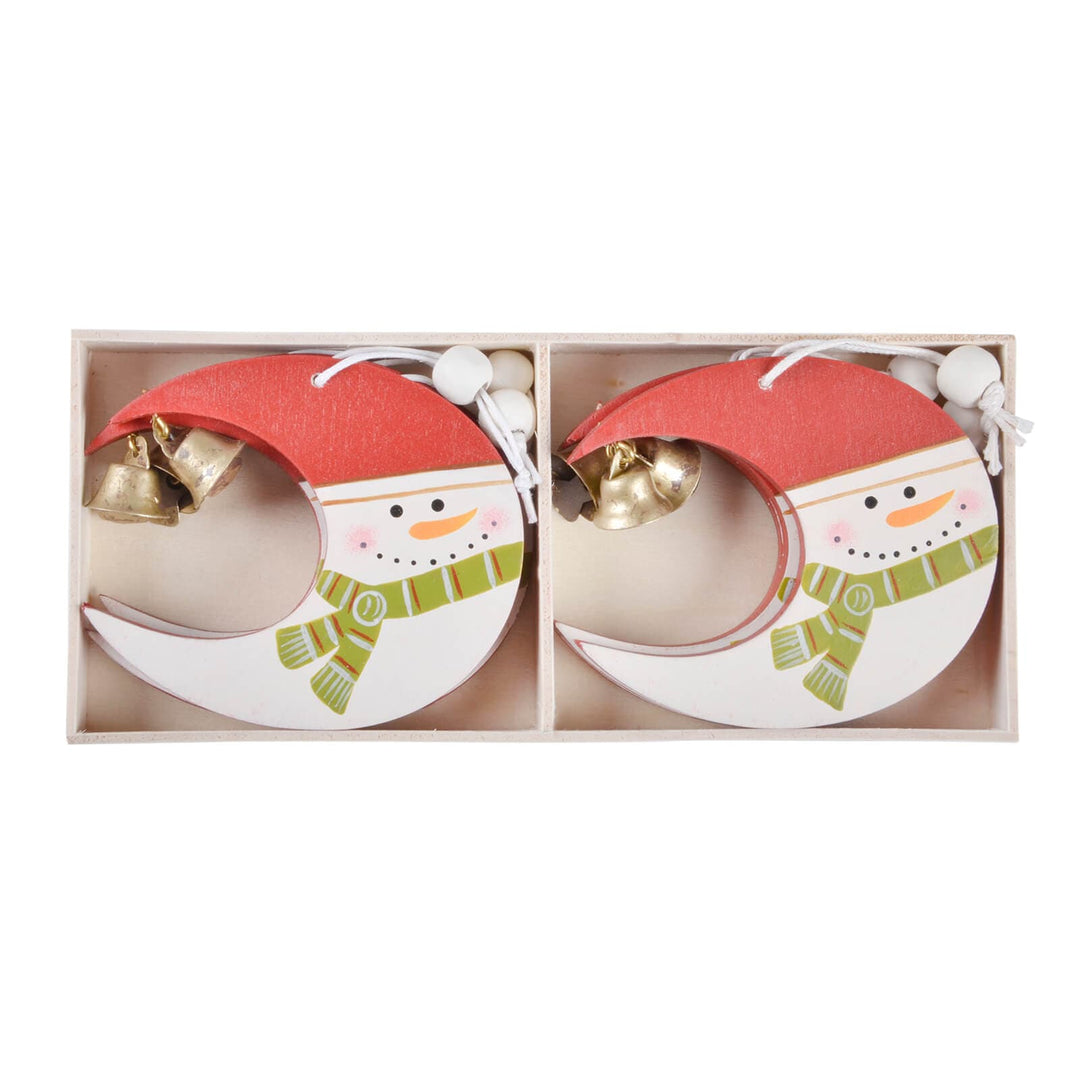 Box of 6 wooden snowman moon shaped Christmas tree decorations on a white background