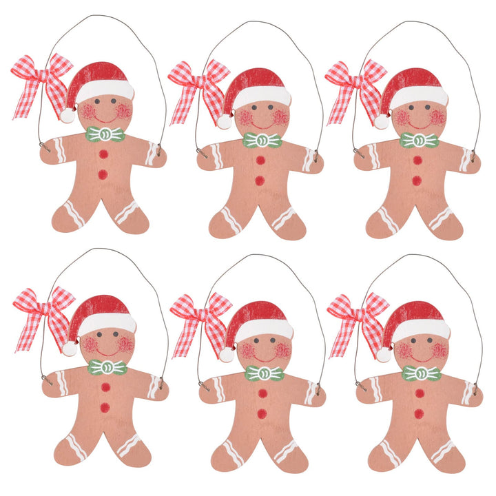 Set of 6 gingerbread men Christmas tree decorations with red gingham bows on a white background
