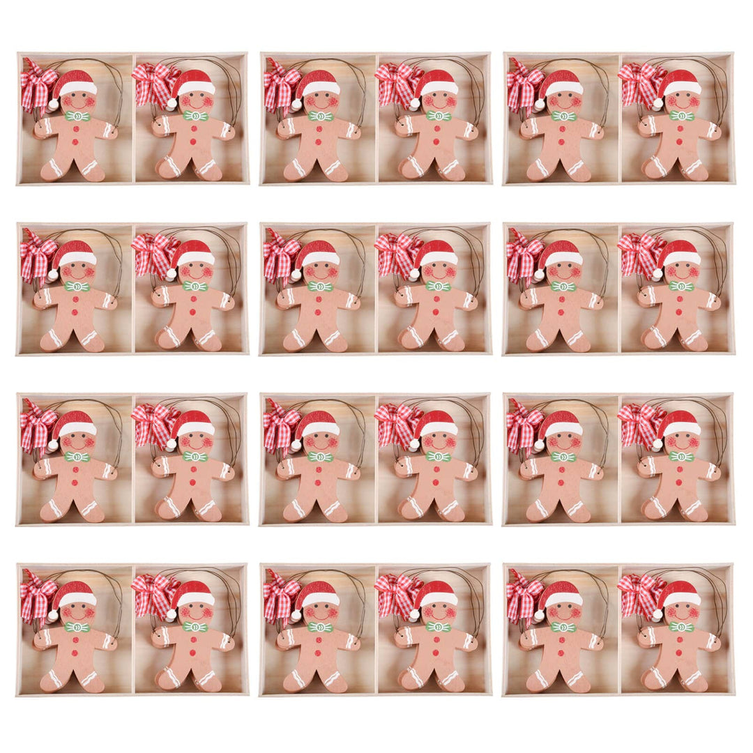 12 boxes of Christmas gingerbread men tree ornaments on a white background