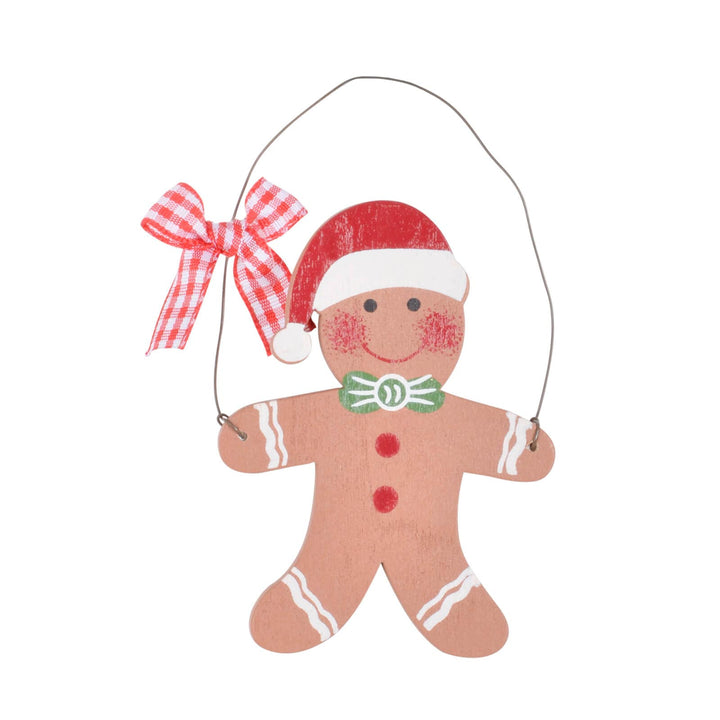 Christmas gingerbread man decoration with red gingham bow and wire hanger on a white background