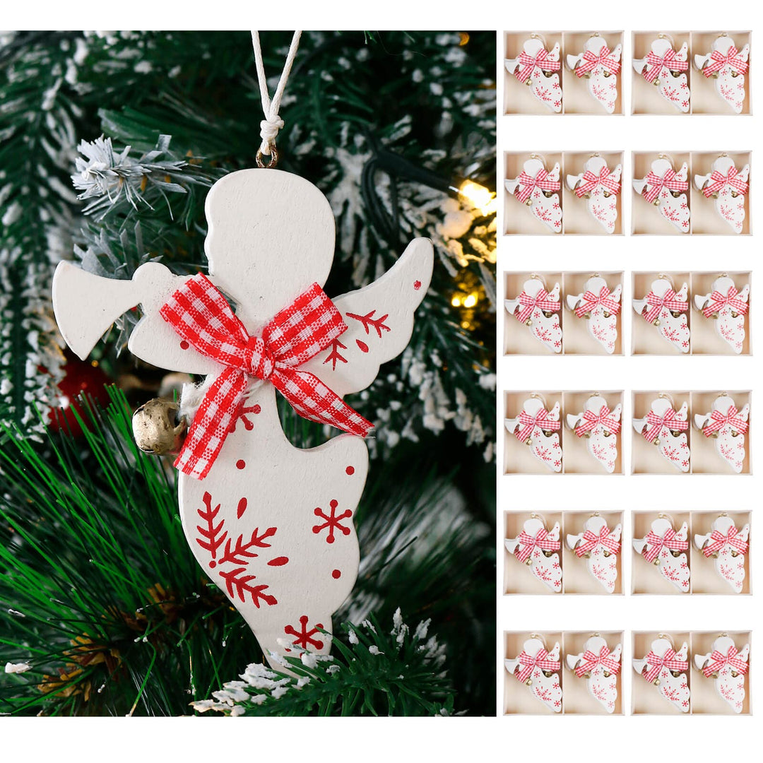 Decorative angel ornament with a red bow on a Christmas tree, surrounded by smaller images of the ornament.