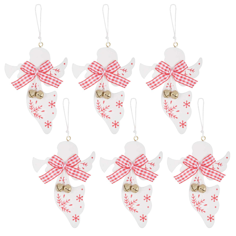 Set of Christmas angel ornaments with red bows and gold hearts on a white background