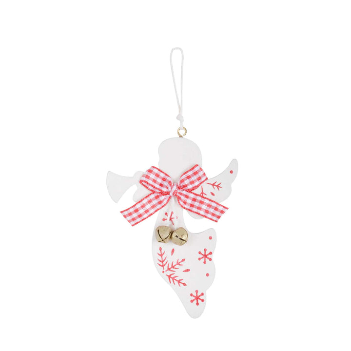 Decorative angel ornament with red bow and snowflake design on a white background