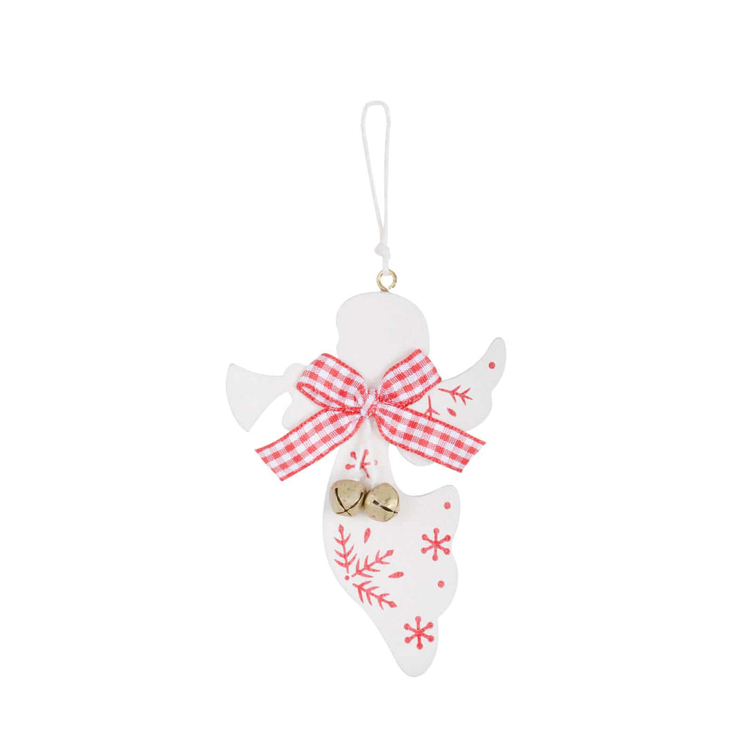 Decorative angel ornament with red bow and snowflake design on a white background
